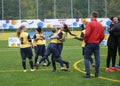 Girls football team players claiming victory expressing joy. Football Girls Ukraine Cup EmPower Girl . Kyiv, Ukraine