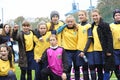 Girls football team players claiming victory expressing joy. Football Girls Ukraine Cup EmPower Girl . Kyiv, Ukraine