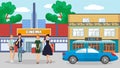 Girls friends meeting vector illustration. Cute girls standing on street in front of city buildings. Girls