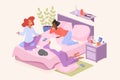 Girls friends talk on pajama party or sleepover in bedroom, gossip and drink tea, coffee