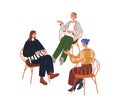 Girls friends talking together, discussing. Happy women sitting in chairs, chatting in speaking club. Female group