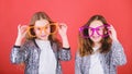 Girls funny big eyeglasses cheerful smile. Birthday party. Happy childhood. Sincere cheerful kids share happiness and Royalty Free Stock Photo