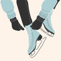 Girls in gloves puts on Pair of white Ice skates. Figure skating. Women\'s ice skates.