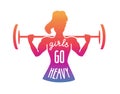 Girls go heavy. Vector fitness illustration with lettering. Colourful female silhouette with a barbell.