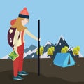 Girls go hiking mountain tent bring bag and map