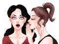 Girls gossip, comic style woman whispering a secret to friend`s ear, psst, hand gesture, vector illustration Royalty Free Stock Photo