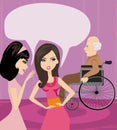 Girls gossiping about old man in a wheelchair