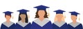 Girls graduates in mantles and graduation caps stand behind each other. Graduation ceremony. Vector illustration