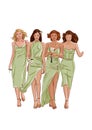 Girls in green dresses, bridesmaid. Illustration. Illustrator, designer
