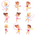 Girls gymnastics. Little athletes in different poses, kids make aerobics and sports, young artists with accessories