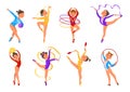 Girls gymnasts. Elegant athletes in different poses. Rhythmic gymnastics and acrobatics competition. Sport exercises