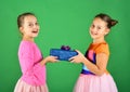 Girls with happy faces pose with presents on green background. Royalty Free Stock Photo