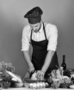 Girls with happy faces and stationery. Chef with busy face chops cabbage with knife on blue Royalty Free Stock Photo