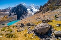 Girls hiking Huayhuash circuit, Santa Rosa pass with epic view to Siula Grande peak, Huayhuash range, Huaraz, Ancash, Peru