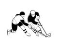 Girls hockey players with hockey sticks and puck. Linear black and white graphics