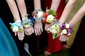 Girls Holding Arms Out with Corsage Flowers for Prom