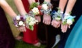 Girls Holding Arms Out with Corsage Flowers for Prom High School Dance Romance Slective Focus Blur Royalty Free Stock Photo