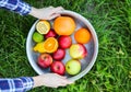 Girls holding big plate with fruit outdoors. Healthy vegan lifestyle. Eco-friendly in the nature. Lemons, oranges and apples Royalty Free Stock Photo