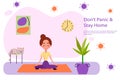 Girls is keeping calm and doing yoga near cat and plant on yoga carpet.Cartoon vector