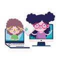 Girls kids with book laptop and computer vector design