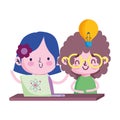 Girls kids with laptop and light bulb vector design