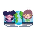 Girls kids with laptops and world vector design