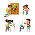 Girls Kids Scientist Study And Research Set Vector