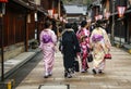 Girls in kimano on the street Higashi Chaya District in Kanazawa, Japan