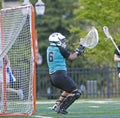 Girls lacrosse blocking the ball