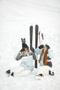 Girls posing against backdrop of mountains in ski gear. Royalty Free Stock Photo