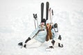 Girls posing against backdrop of mountains in ski gear. Royalty Free Stock Photo