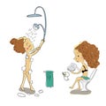 Girls daily life routines in bathroom cartoon vector