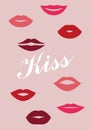 Girls lips. Female kisses. Red lipstick. Smiling mouth shapes. Makeup imprint. Woman beauty cosmetics. Sensual face