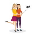 Girls make selfie with Stick for selfie.