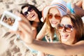 Girls making self portrait on the beach