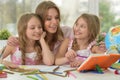 Girls with mother on lesson of art Royalty Free Stock Photo