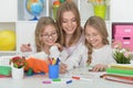 Girls with mother on lesson of art Royalty Free Stock Photo