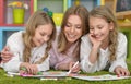 Girls with mother on lesson of art Royalty Free Stock Photo