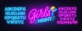 Girls Night neon lettering on brick wall background.
