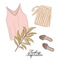 Girls outlook: shorts, shoes and top in pastel colors, decorated with palm leave. Trendy fashion illustration. Magazine article fl