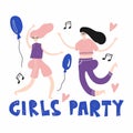 Girls party. Women have fun and dancing on party. Hand drawn colorful flat doodle vector illustration for banner poster postcard Royalty Free Stock Photo