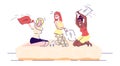 Girls pillow fighting flat vector illustrations. Female friends sitting on bed having pajama party. Sisters, siblings