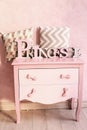 Girls pink chest of drawers dresser with pillows