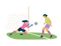 Girls play soccer sport. Woman soccer goalkeeper save the ball. Female football player kick the ball trying to score. Royalty Free Stock Photo