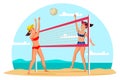 Girls playing beach volleyball flat illustration. Professional players in sportswear cartoon characters. Team training Royalty Free Stock Photo