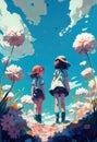 Girls playing in a field of flowers. Ia generative. Royalty Free Stock Photo