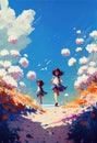 Girls playing in a field of flowers. Ia generative. Royalty Free Stock Photo
