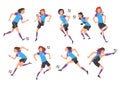 Girls Playing Soccer Collection, Young Women Football Players Characters in Sports Uniform Kicking the Ball Vector Royalty Free Stock Photo