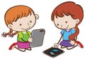 Girls Playing Tablet on White Background