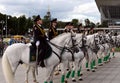 Girls - police cavalrymen demonstrate dressage on the Prospect Mira in Moscow. Royalty Free Stock Photo